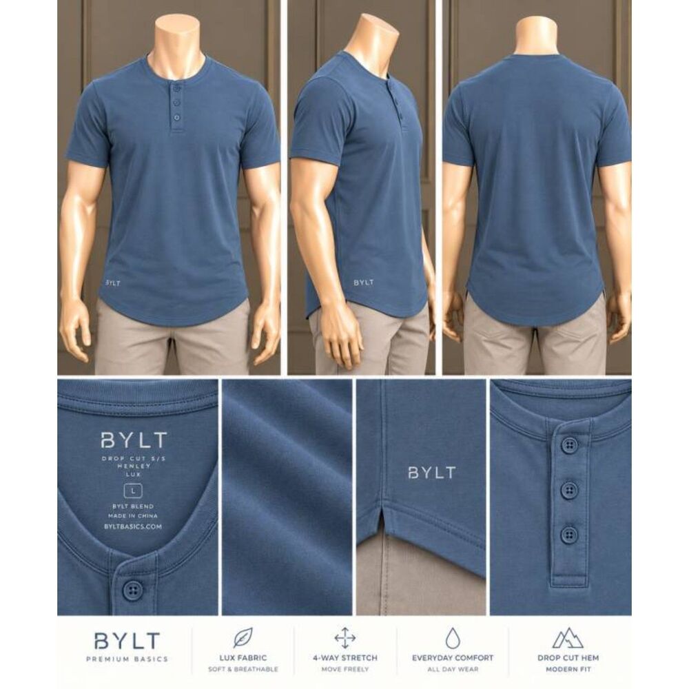 BYLT Men's Drop Cut S/S Henley Blue Size L Short Sleeve